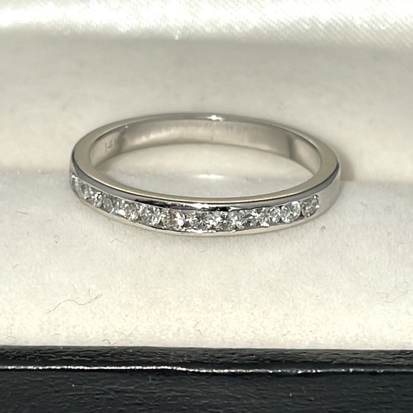 Solid Stamped 14K White Gold Natural Diamond Semi Eternity Band Ring Stackable - Picture 13 of 13